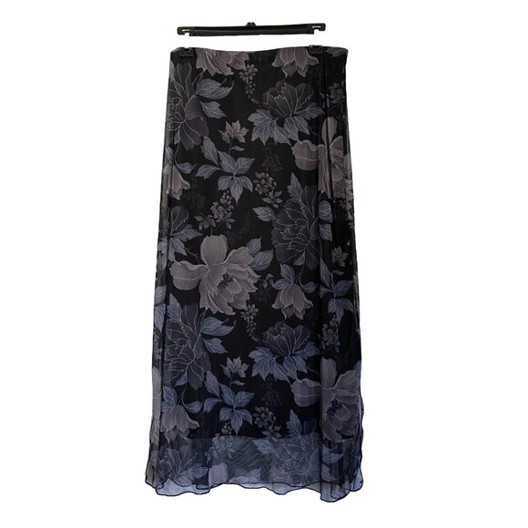 Y2K 90s VENUS Black Blue Floral Sheer Chiffon Maxi Skirt Fairy Grunge L - Picture 4 of 14